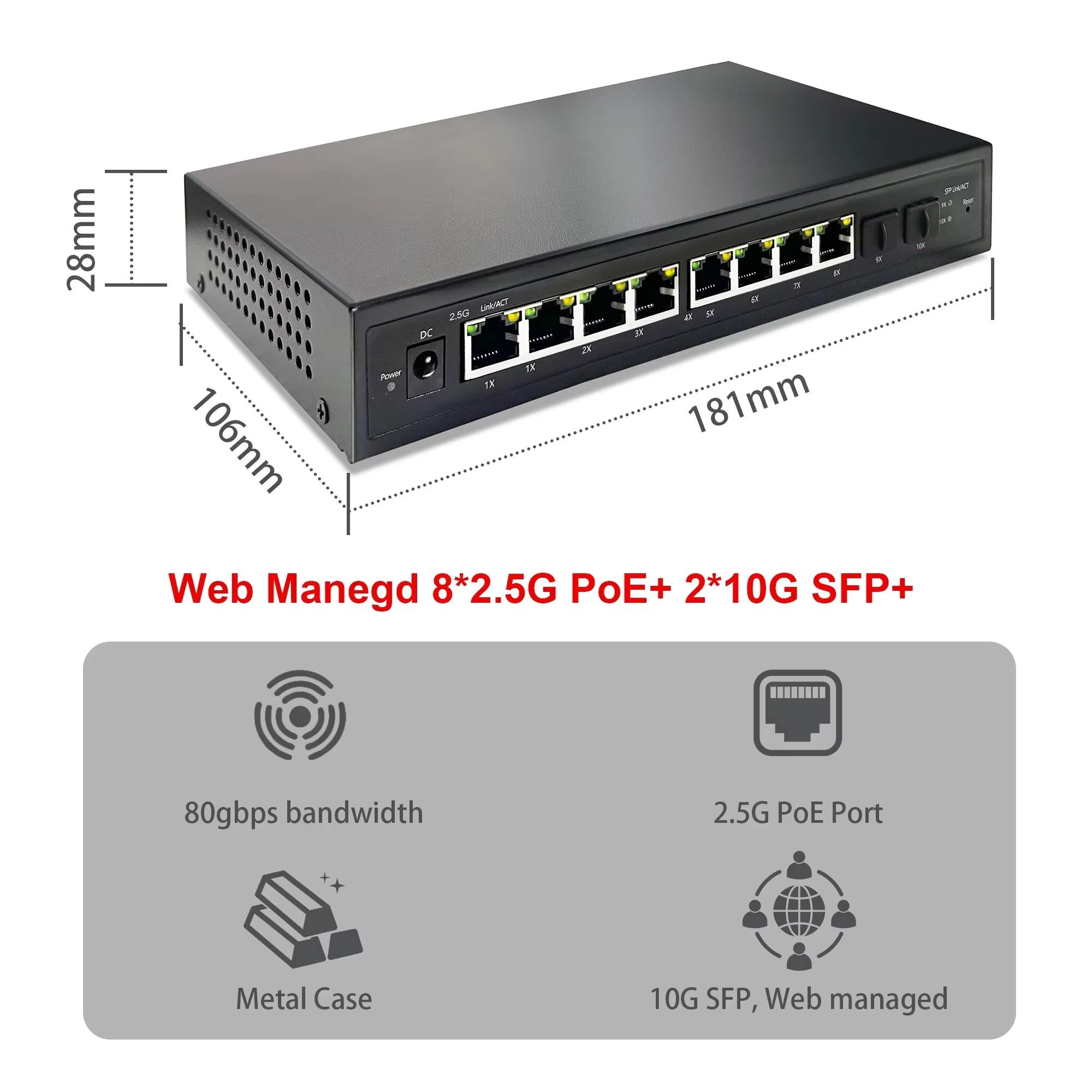 Sfp+ 10G Managed Switch 8 Port - Switch PoE gerenciado via web, 2,5G,